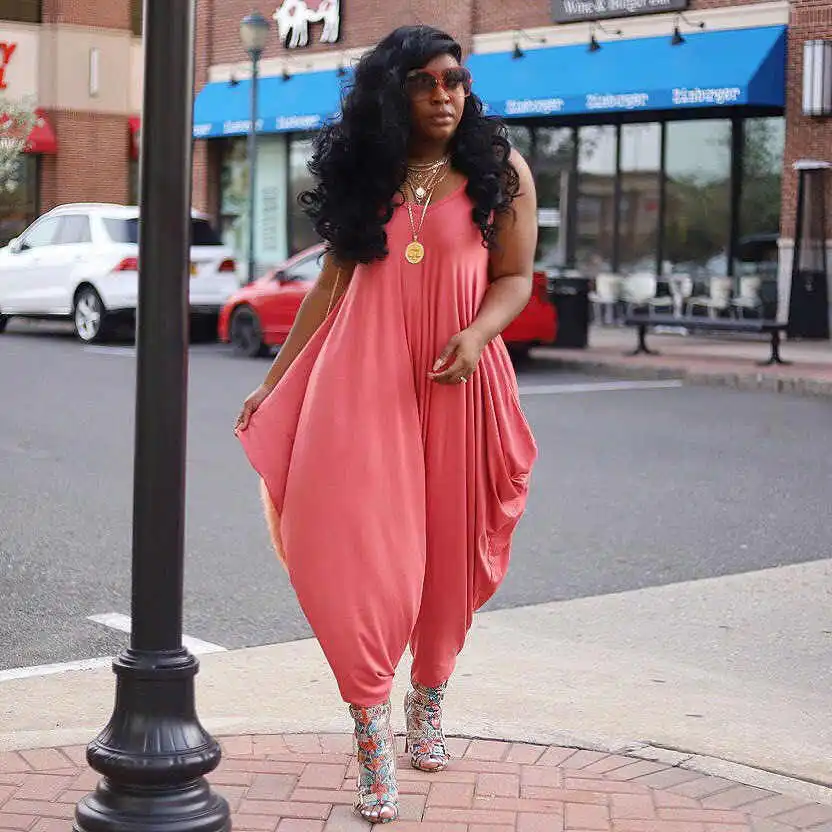 S-3XL Women Fashion Solid Color Strap Loose Rompers Jumpsuits