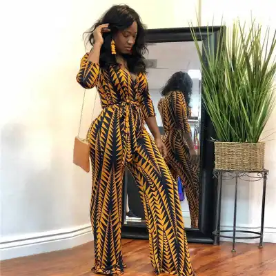 S-2XL Women Fashion V Neck Wrap Sash Graphic Printed Wide Leg Jumpsuits
