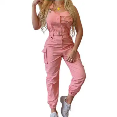 S-3XL Women Fashion Sleeveless Pocket Jogger Jumpsuits