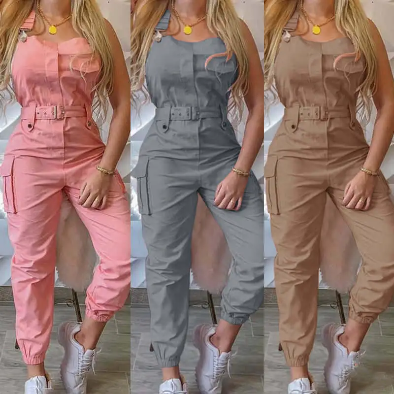 S-3XL Women Fashion Sleeveless Pocket Jogger Jumpsuits