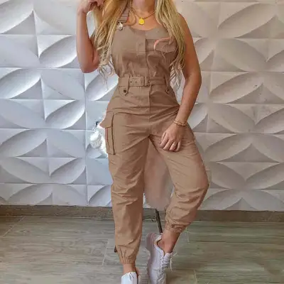 S-3XL Women Fashion Sleeveless Pocket Jogger Jumpsuits