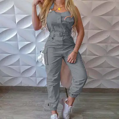 S-3XL Women Fashion Sleeveless Pocket Jogger Jumpsuits