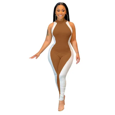 S-2XL Women Fashion Color Blocking Sleeveless Romper Jumpsuit