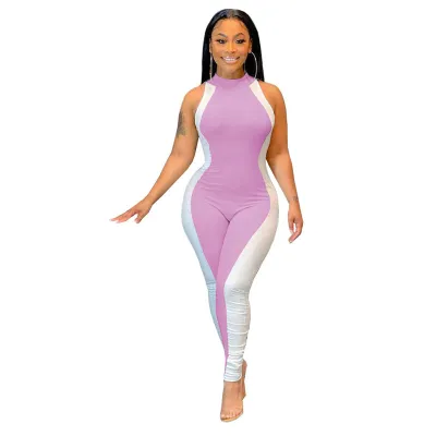 S-2XL Women Fashion Color Blocking Sleeveless Romper Jumpsuit