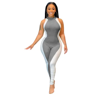 S-2XL Women Fashion Color Blocking Sleeveless Romper Jumpsuit