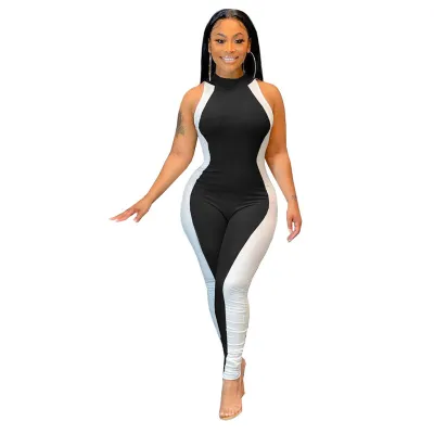 S-2XL Women Fashion Color Blocking Sleeveless Romper Jumpsuit