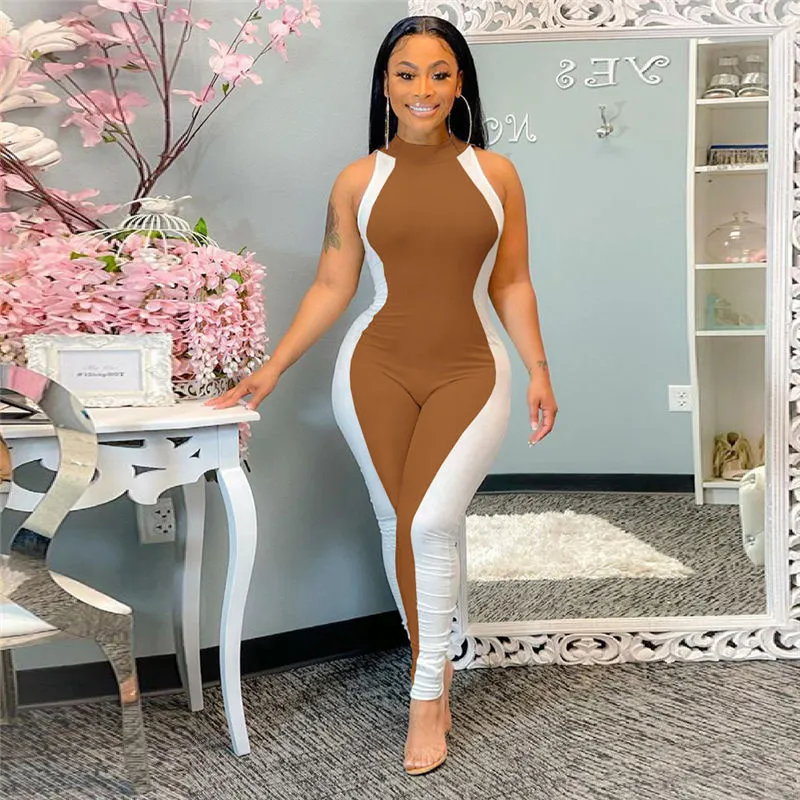 S-2XL Women Fashion Color Blocking Sleeveless Romper Jumpsuit