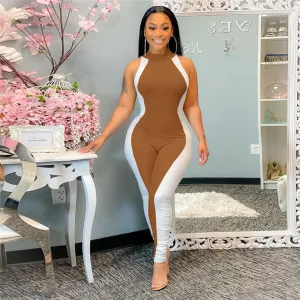 S-2XL Women Fashion Color Blocking Sleeveless Romper Jumpsuit
