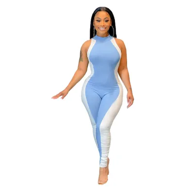S-2XL Women Fashion Color Blocking Sleeveless Romper Jumpsuit