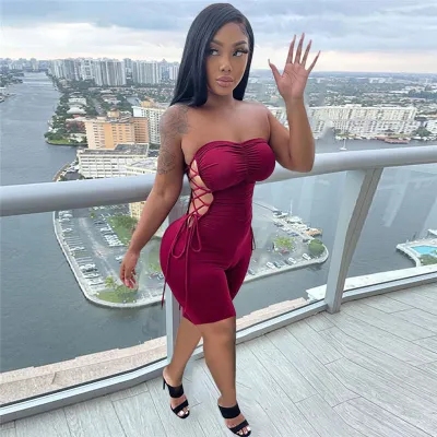 S-2XL Women Sexy Strapless Hollow Out Lace Up Solid Color Rompers