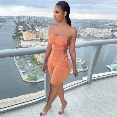 S-2XL Women Sexy Strapless Hollow Out Lace Up Solid Color Rompers