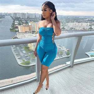 S-2XL Women Sexy Strapless Hollow Out Lace Up Solid Color Rompers