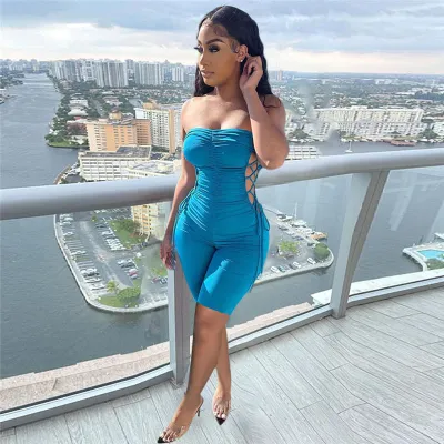S-2XL Women Sexy Strapless Hollow Out Lace Up Solid Color Rompers