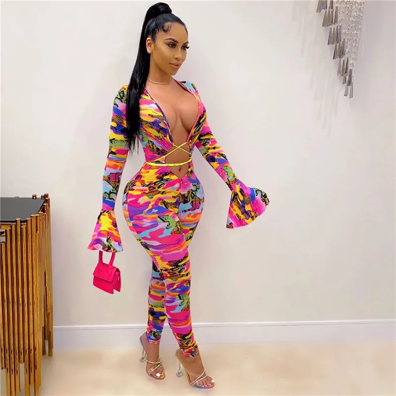 S-2XL Women Sexy Deep V Hollow Out Lace Up Graphic Printed Jumpsuits