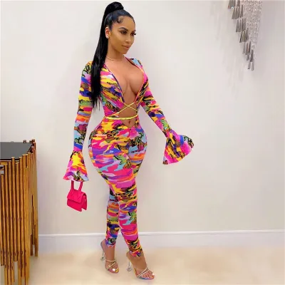 S-2XL Women Sexy Deep V Hollow Out Lace Up Graphic Printed Jumpsuits