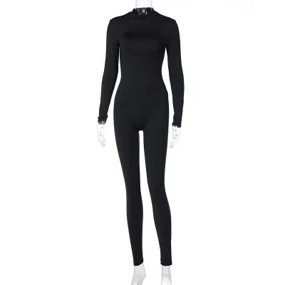 S-L Women Fashion Turtle Neck Backless Solid Color Jumpsuits
