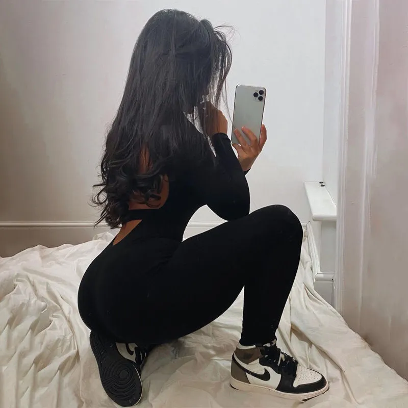 S-L Women Fashion Turtle Neck Backless Solid Color Jumpsuits
