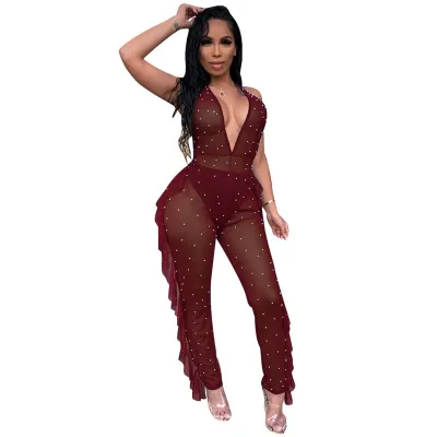 S-2XL Women Sexy Deep V Backless Stringy Selvedge Jumpsuits
