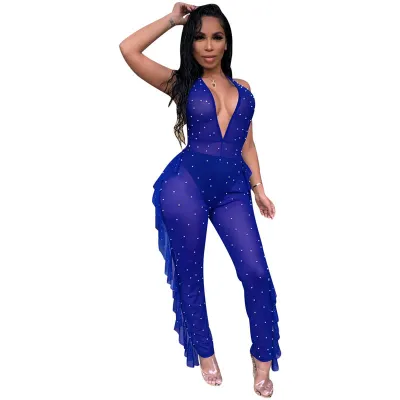 S-2XL Women Sexy Deep V Backless Stringy Selvedge Jumpsuits
