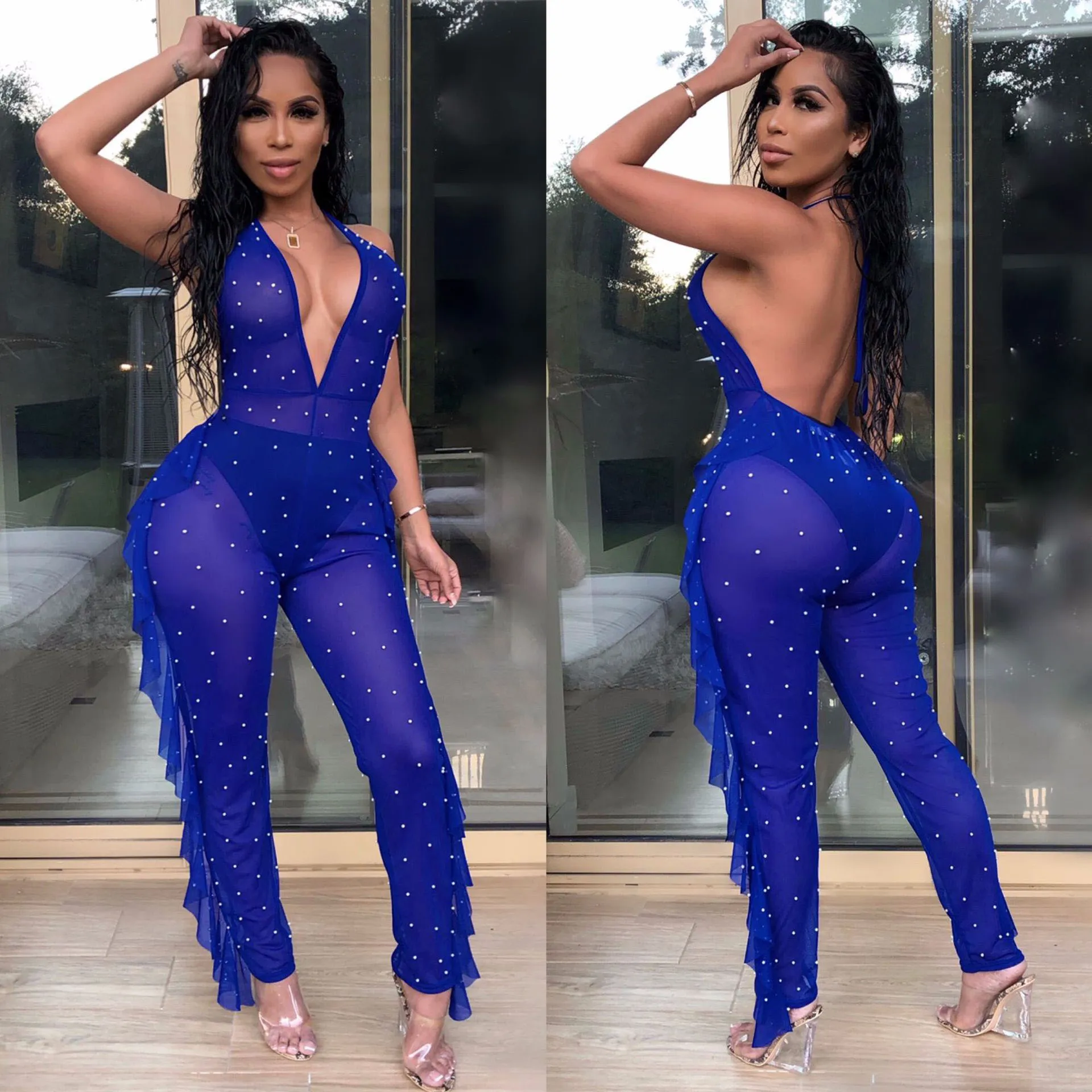 S-2XL Women Sexy Deep V Backless Stringy Selvedge Jumpsuits