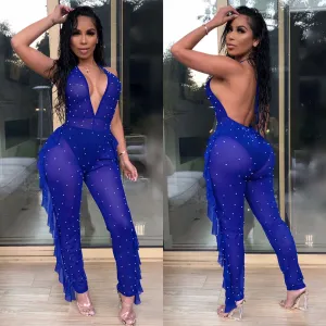 S-2XL Women Sexy Deep V Backless Stringy Selvedge Jumpsuits