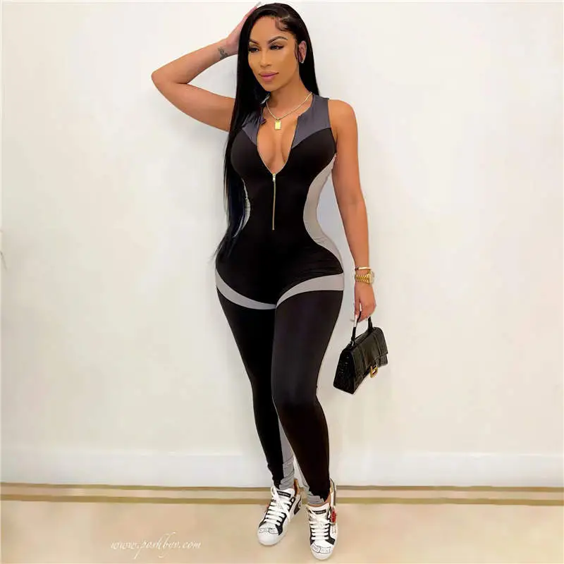 S-2XL Women Fashion Stand Collar Zipper Sleeveless Rompers