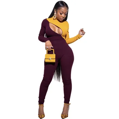 S-2XL Women Sexy Hollow Out Zipper Color Blocking Jumpsuits