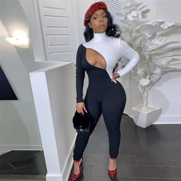 S-2XL Women Sexy Hollow Out Zipper Color Blocking Jumpsuits