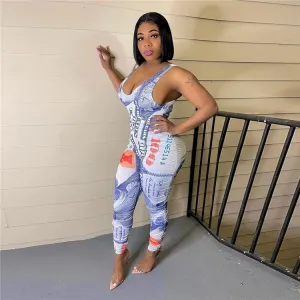 S-2XL Women Fashion Sleeveless Graphic Printed Strap Jumpsuits