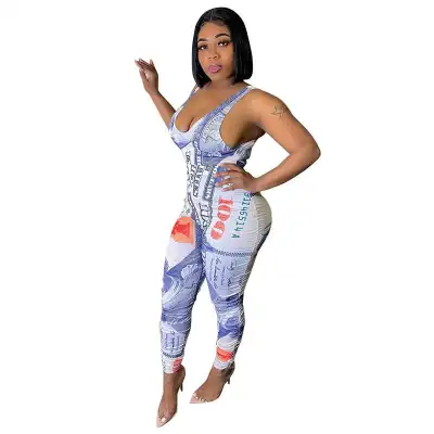 S-2XL Women Fashion Sleeveless Graphic Printed Strap Jumpsuits