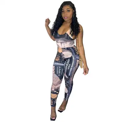 S-2XL Women Fashion Sleeveless Graphic Printed Strap Jumpsuits