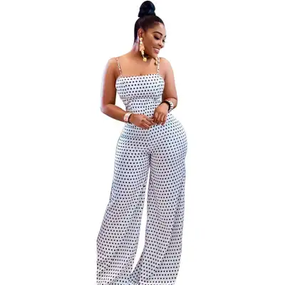 S-2XL Women Fashion Polka Dot Printed Backless Strap Jumpsuits