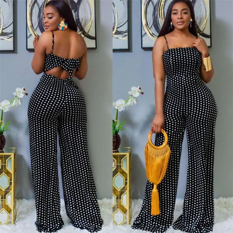S-2XL Women Fashion Polka Dot Printed Backless Strap Jumpsuits