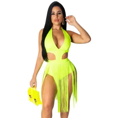 S-3XL Women Sexy Halter Neck Solid Color Fringes Decoration Rompers