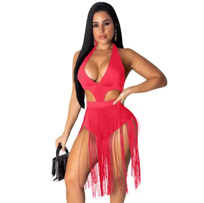 S-3XL Women Sexy Halter Neck Solid Color Fringes Decoration Rompers