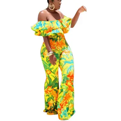 S-2XL Women Fashion Graphic Printed Off-the-shoulder Rompers Jumpsuits