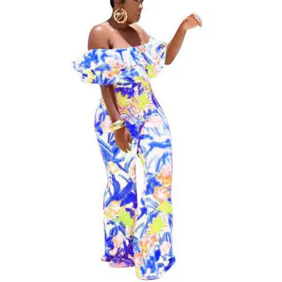 S-2XL Women Fashion Graphic Printed Off-the-shoulder Rompers Jumpsuits
