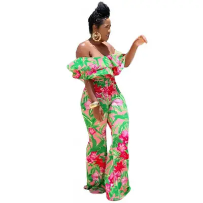 S-2XL Women Fashion Graphic Printed Off-the-shoulder Rompers Jumpsuits