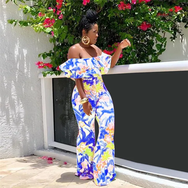 S-2XL Women Fashion Graphic Printed Off-the-shoulder Rompers Jumpsuits