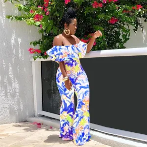S-2XL Women Fashion Graphic Printed Off-the-shoulder Rompers Jumpsuits