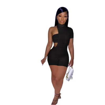 S-2XL Women Fashion Irregular Patchwork Rib-Knit Solid Color Rompers