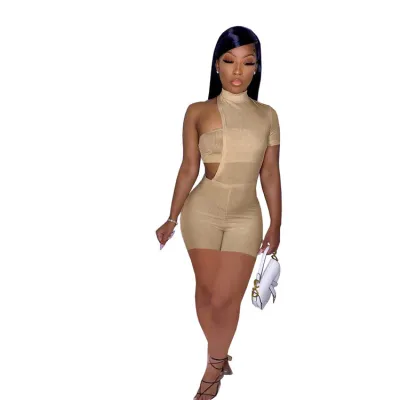 S-2XL Women Fashion Irregular Patchwork Rib-Knit Solid Color Rompers