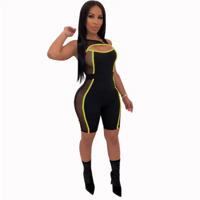 S-2XL Women Sexy Mesh Color Blocking Hollow Out Rompers
