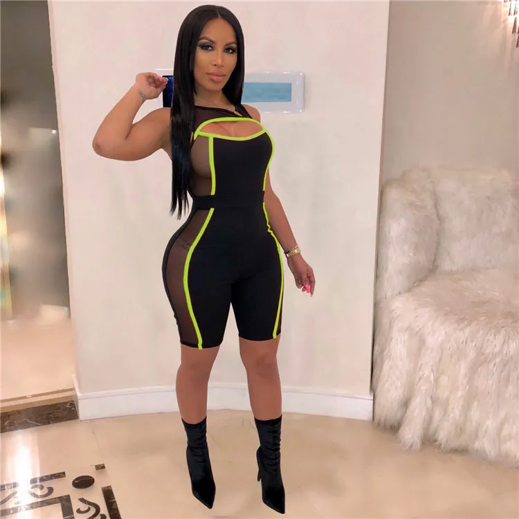 S-2XL Women Sexy Mesh Color Blocking Hollow Out Rompers