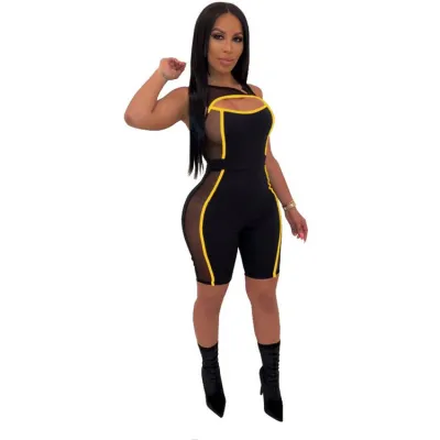 S-2XL Women Sexy Mesh Color Blocking Hollow Out Rompers