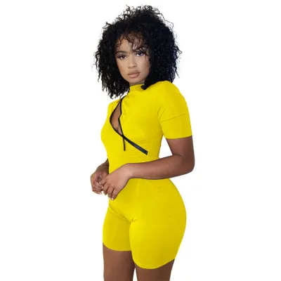 S-2XL Women Fashion Zipper Patchwork Tight Rompers