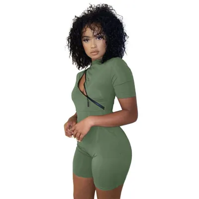 S-2XL Women Fashion Zipper Patchwork Tight Rompers