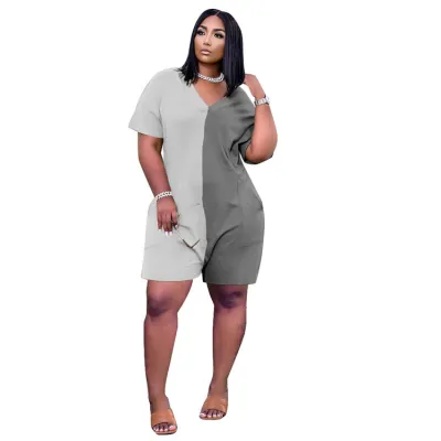 S-3XL Women's V-Neck Color Block Patchwork Loose Rompers Urban Leisure Style