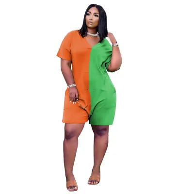 S-3XL Women's V-Neck Color Block Patchwork Loose Rompers Urban Leisure Style