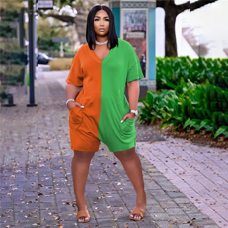 S-3XL Women's V-Neck Color Block Patchwork Loose Rompers Urban Leisure Style